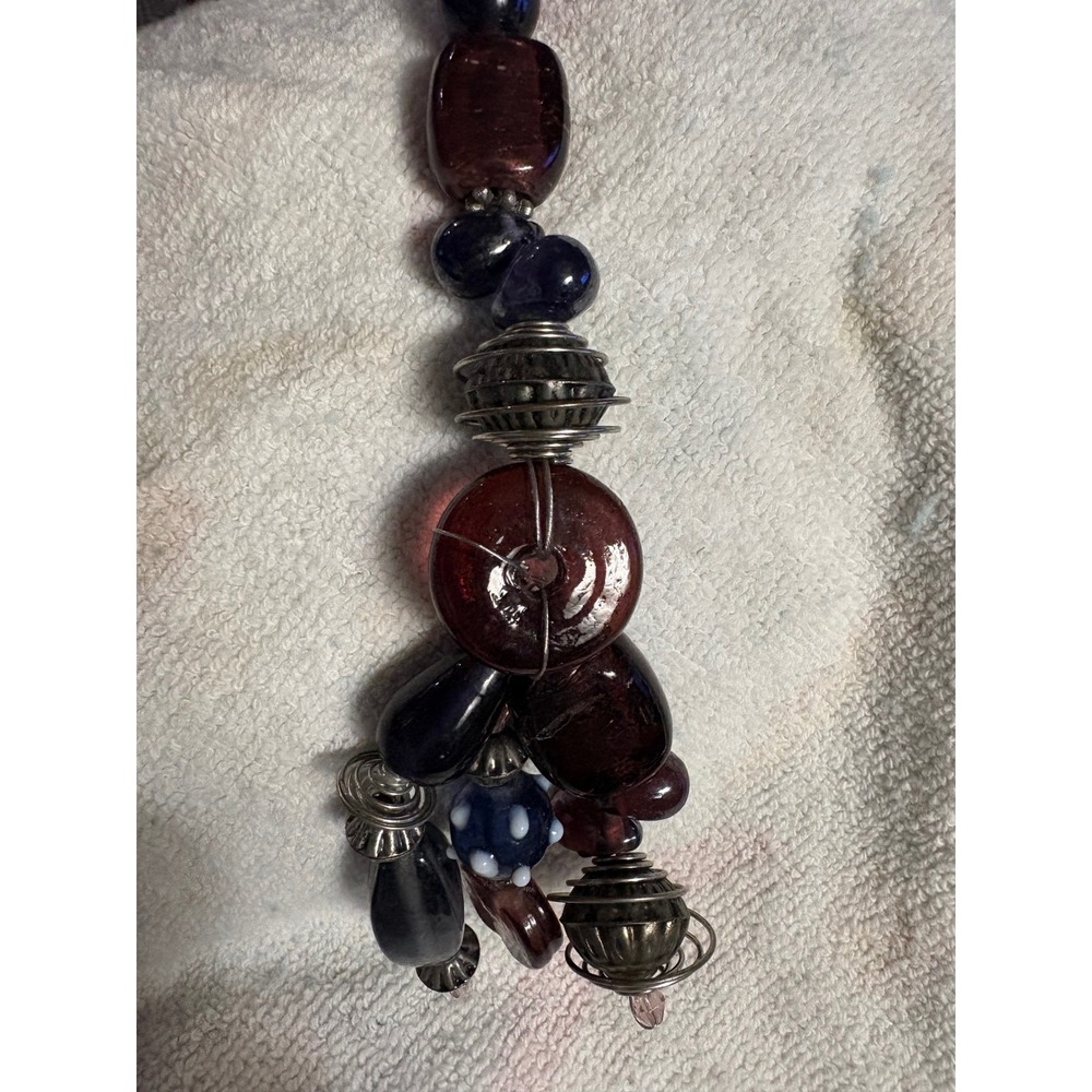 Artisan Purple Art Glass Statement Necklace Chunky Lampwork Wire Wrapped Beads